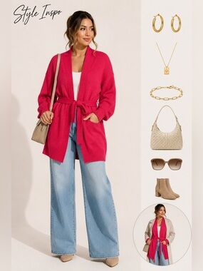 Studio Works XL Red Belted Cotton Cardigan Sweater Open Front Tie Waist